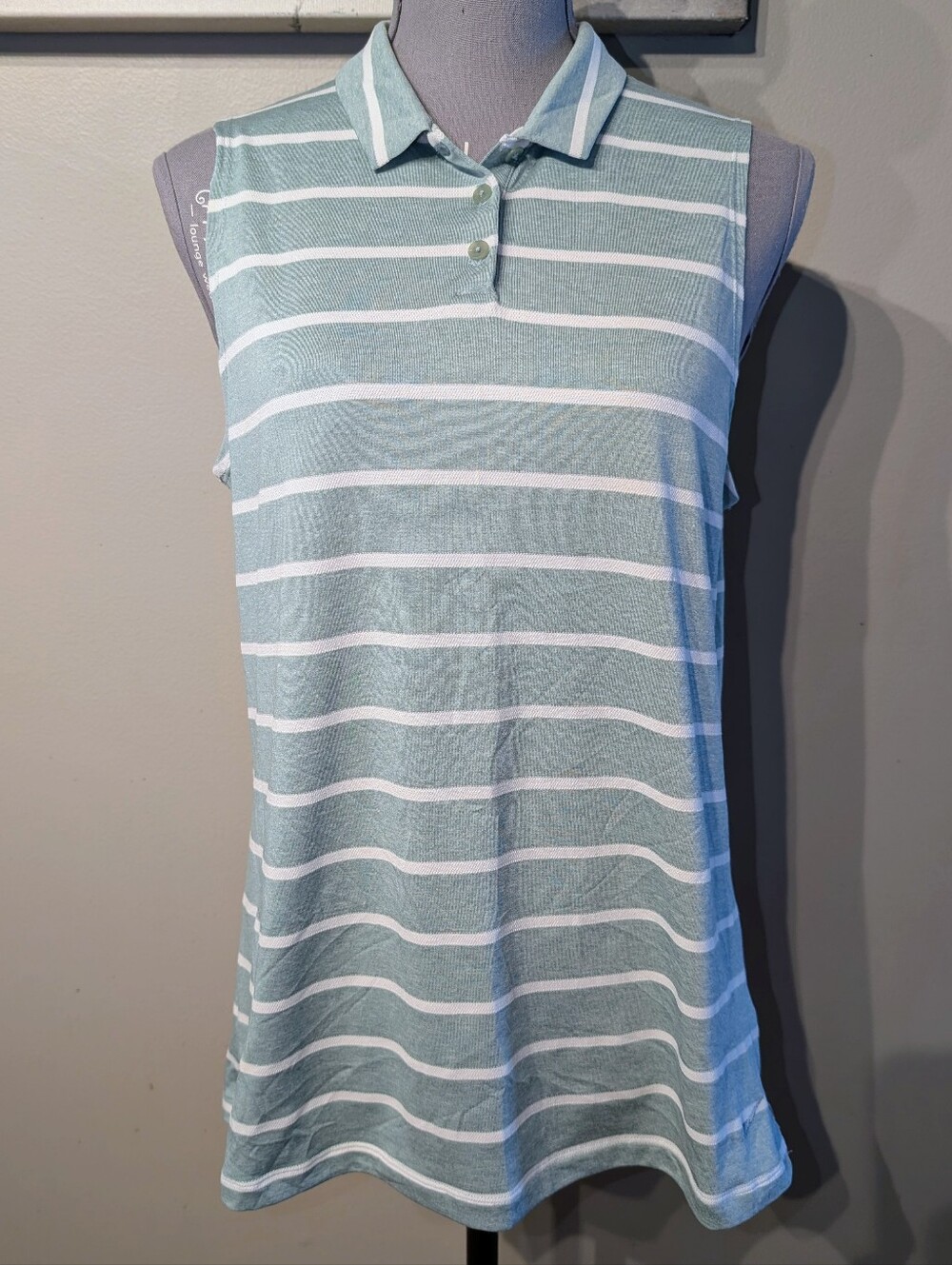 Nike Dri-Fit Sleeveless Golf Polo Top in Seafoam Green and White Stripes Large